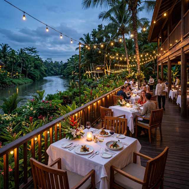 Open-air dining overlooking tropical gardens