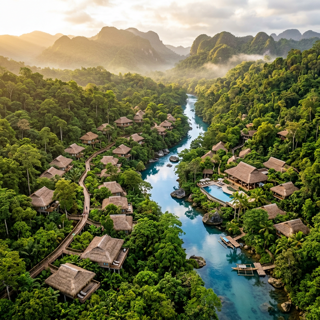 Aerial view of Paradise Cove Eco-Resort surrounded by lush rainforest and rivers