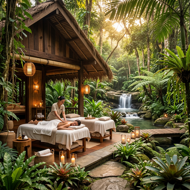 Outdoor spa treatment amidst tropical rainforest